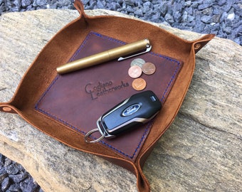 Lined full grain leather valet tray organizer.