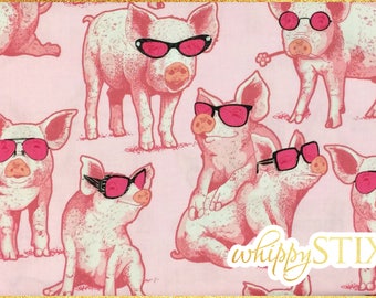 RARE! Pink Pig Fabric By the Yard, What a Ham by Maria Kalinowski Kanvas Fabrics 4920, BTY Pigs Wearing Sunglasses Cotton Quilting Fabric