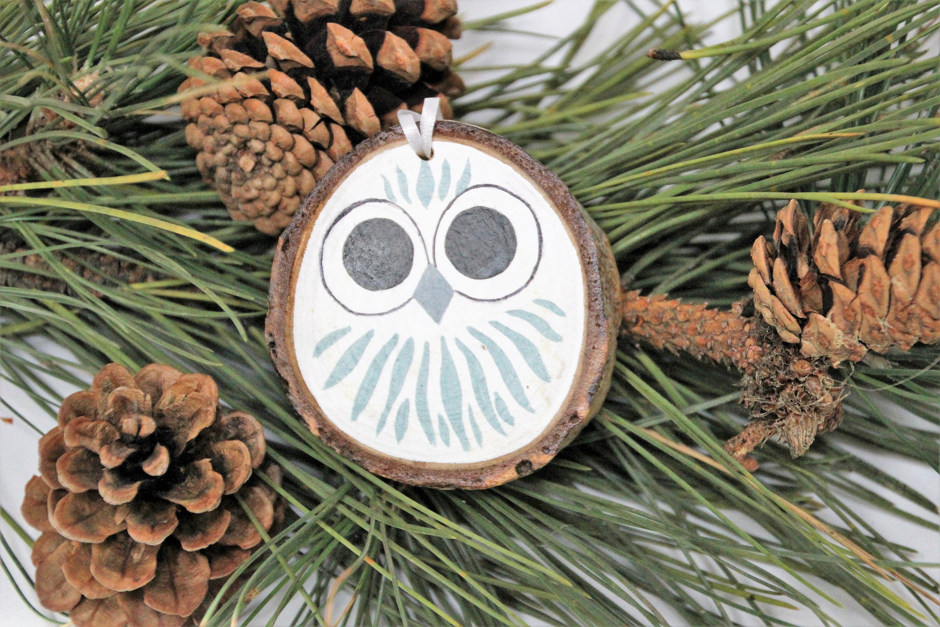 Owl Wood Slice Animal Christmas Ornament Hand Painted on