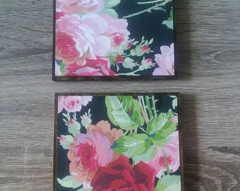 Wooden Floral Coasters; set of 2 Coasters; Pink Coasters