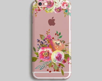 Flowers iPhone 5S Case, Watercolor Phone Case, Clear iPhone 7 Case, Silicone iPhone 6 Case, Rubber Phone Case, Transparent iPhone Case