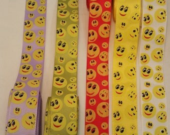 1" (25mm) Emoji Ribbon, pack of 5 colors 1 yard each, smiley face ribbon, grosgrain ribbon, hairbow ribbon, emoji faces, emoticon ribbon