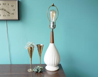 Mid Century Lamp / White Ceramic and Teak Table Lamp