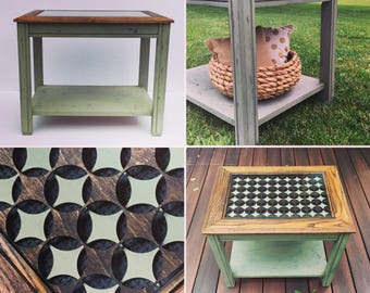 Refurbished modern vintage oak table, laser cut circle inlay, glass top, rustic end table, mid century modern, nightstand, bedside table,