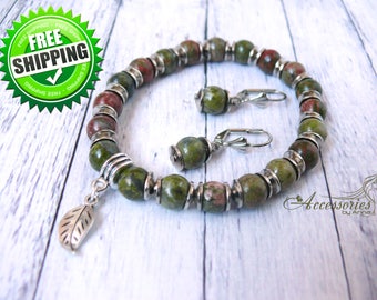 Unakite jewelry set Unakite bracelet and Unakite Earrings Natural unakite Green Pink Healing Gemstone Jewelry Protection Bracelet Boho