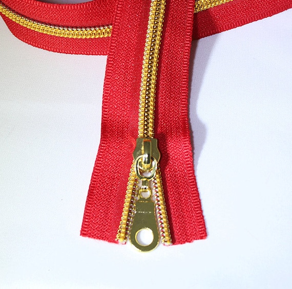 Red Zipper by the Yard with Gold Coil & Zipper Pulls Nylon
