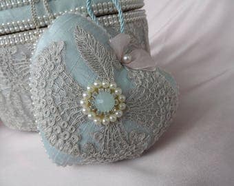 Heart hanging pink romantic silk blue Mint and beige vintage lace