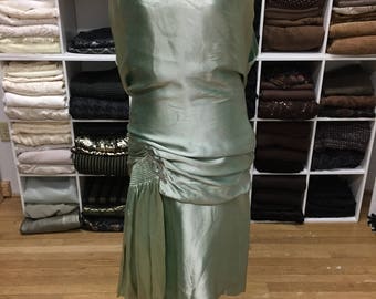 1920s Seafoam Evening Dress, MATCHING Satin Shoes, Vintage Evening Dress, Gold & Silver Trim Shoes, Saks Fifth Avenue, Authentic 1920s Dress