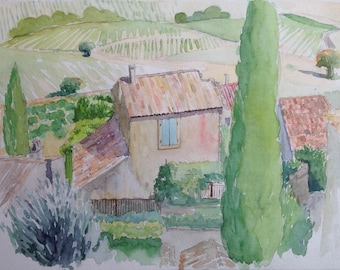 Rasteau: roofs Provence Vaucluse aquarel wasserfarbe landscape watercolor painting watercolor landscape vineyards vineyard view painting