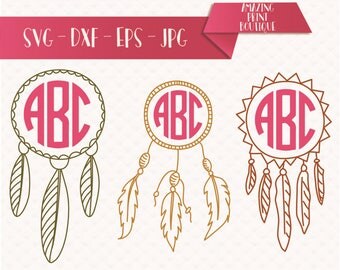DREAM CATCHER SVG cut files, Dreamcatcher Monogram Frame, Eps, Png, Dxf, Svg for Cricut, Boho Design Svg Mandala with feathers, Monogram svg