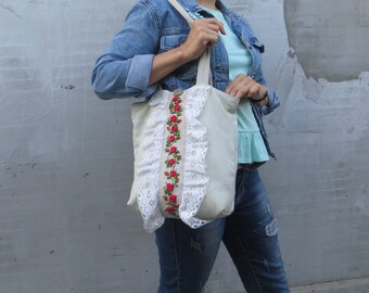 Linen bag Hand embroidery bag Linen hobo bag Summer flower handbag Canvas women bag Canvas tote bag Linen tote bag Linen and lace