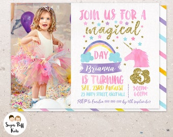 Rainbow Glitter Unicorn Invite, Magical Unicorn Birthday Invitation, Unicorn Birthday Invitation, Photo Unicorn Birthday Party Invitation