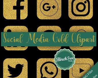 Social Media Icons Gold Glitter Clipart - Gold Glitter Symbols - Glitter Social Media Clipart - Transparent Background - Instant Download