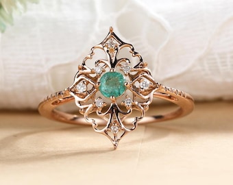 Art deco engagement ring Vintage antique Emerald engagement ring rose gold Alternative Unique Delicate Diamond wedding women Bridal Jewelry