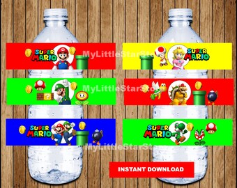 Mario Bros bottle labels, Printable Mario Bros water bottle labels, Super Mario Bros party water labels Instant download