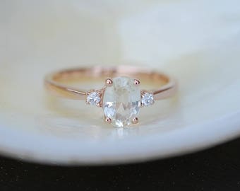 White sapphire engagement ring. Promise ring. Oval engagement ring. 3 stone ring. Rose gold engagement ring. Gemstone ring by Eidelprecious