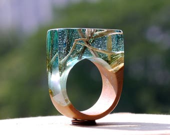 Gift wooden rings Band unique gift Girl rings promise Resin gift for wife Jewelry wood resin Ring nature Gift rings green Anniversary wooden