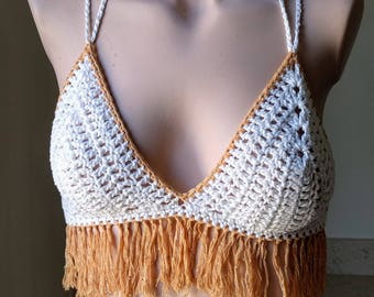 White cotton crochet top with fringe