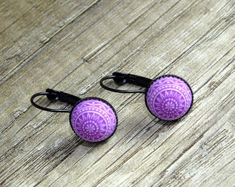 Pastel mosaic flower, cabochon earrings, purple-white