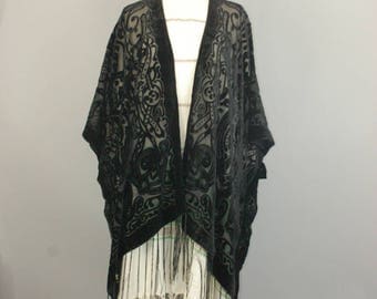 Black floral burnout velvet fringe tassel handmade kimono jacket One SIze fits all