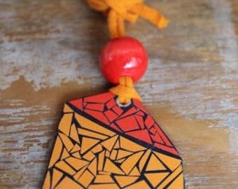 wooden pendant necklace decorated with mosaic art