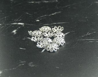 10 Silver Flower bead caps
