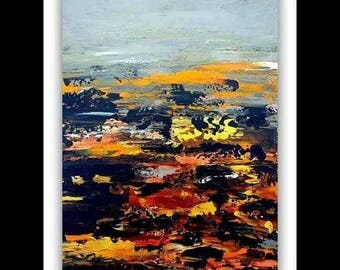 Modern art abstract painting home decor orange black gold 16 x 12 / Art moderne, peinture abstraite, décoration intérieure, orange noir or