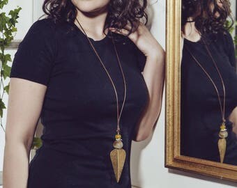 JANI, recycled leather/brass/glass necklace / bone