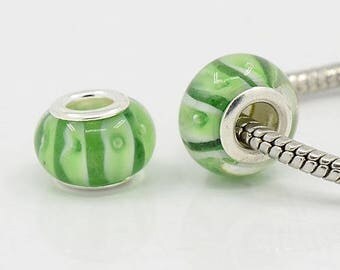 2 green 14 mm white Lampwork Glass Beads