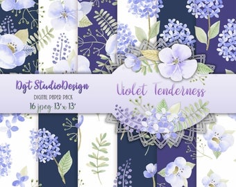 Floral Digital Paper Watercolor pattern, Flowers Scrapbook, lilac, purple, violet, Hand Painted Paper, instant Download wedding Invitations