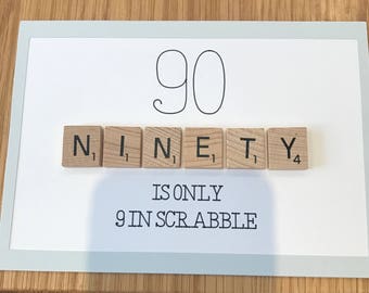 Pale blue scrabble tile 90th Birthday card