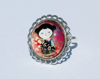 Ring cabochon - picture Kokeshi