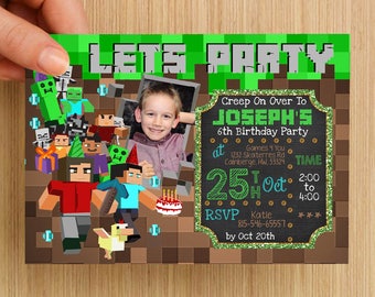 Mine Theme Birthday Invitation Personalised #1 - With or without photo, digital download
