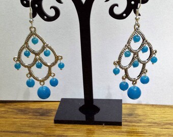 Pearl chandelier earrings blue glass