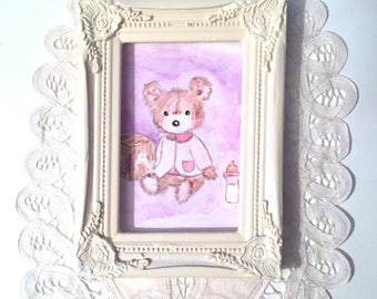 "Lili bear and cube", small acrylic painting