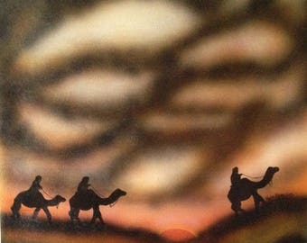 Original acrylic painting camels in sahara sand storm.