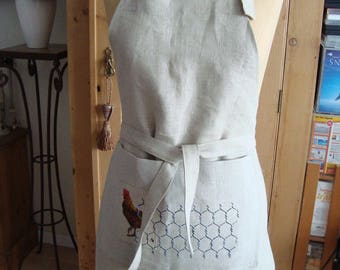 Painted hen and screen printed design linen apron