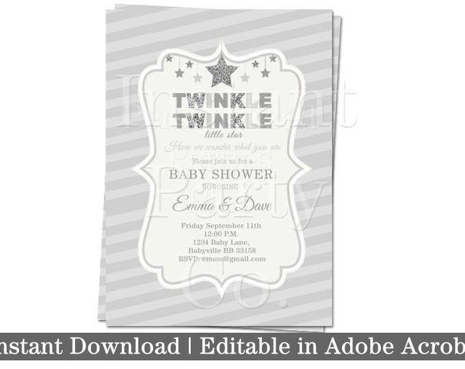 Twinkle twinkle little star baby shower invitation | Silver baby shower invitation | Gender reveal baby shower invitation