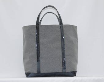 Tote bag in cotton blue gray with blue gray sequins