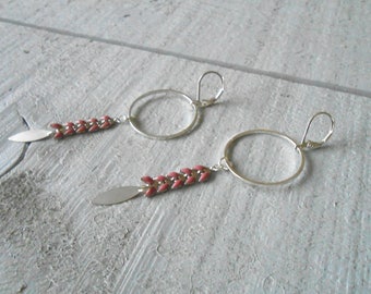 Earring ear enamel old pink/silver chain