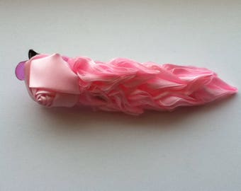 Stunning Pink Satin and Organza Flower and Leaves 11.5 cm Hair Clip
