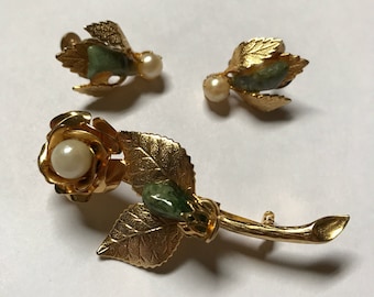Gold Rose Brooch Vintage Pin and Earring Set