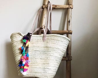 Double handled French Market Basket Tote Beach Bag with Tassel