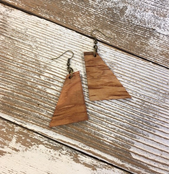 Items similar to Wooden Cherry Wood Earrings, Quadrilateral Wood