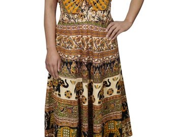 Summer Cotton Maxi Dress For Womens Sleeveless Printed Fern Gypsy Hippie Chic Sundress M/L