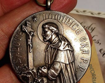 Huge Vintage Antique Heavy Silver Saint St Dominic Religious Medal Pendant Fine Detail