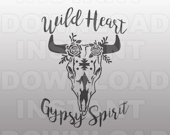 WILD HEART Gypsy Spirit Cow Skull SVG File,Boho svg file - cricut svg,silhouette svg,svg cut,cuttable svg,svg cut file,vector svg,tshirt svg