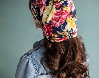 Indigo Roses Long Stretch Cowl CONVERTIBLE headwrap Garlands of Grace headcovering hair scarf