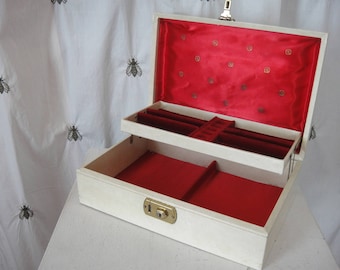 Vintage Jewelry Box, Ivory with Green Leaf Embossed Detail and Red Satin and Velvet Interior, Two Tier