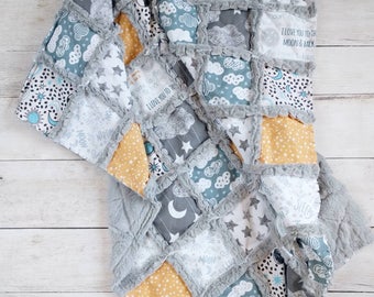 Moon Cloud and Stars Minky Rag Quilt - Gender Neutral Nursery Bedding - Moon Cloud and Stars Crib Bedding - Gender Neutral Gift - Baby Quilt